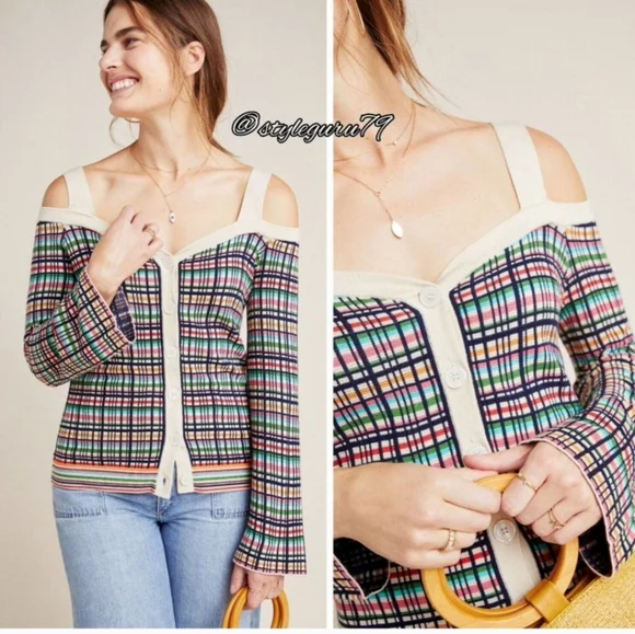 Anthropologie Cold Shoulder Button Bell Sleeve Knit Crop Top - Picture 12 of 12